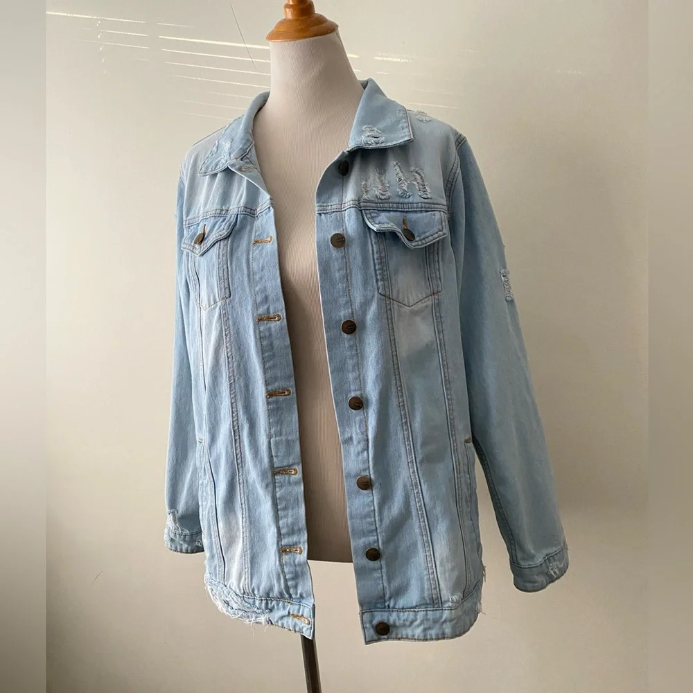 MONO B Oversized Denim Jean Jacket Distressed Cotton Women’s Size M - Picture 10 of 16